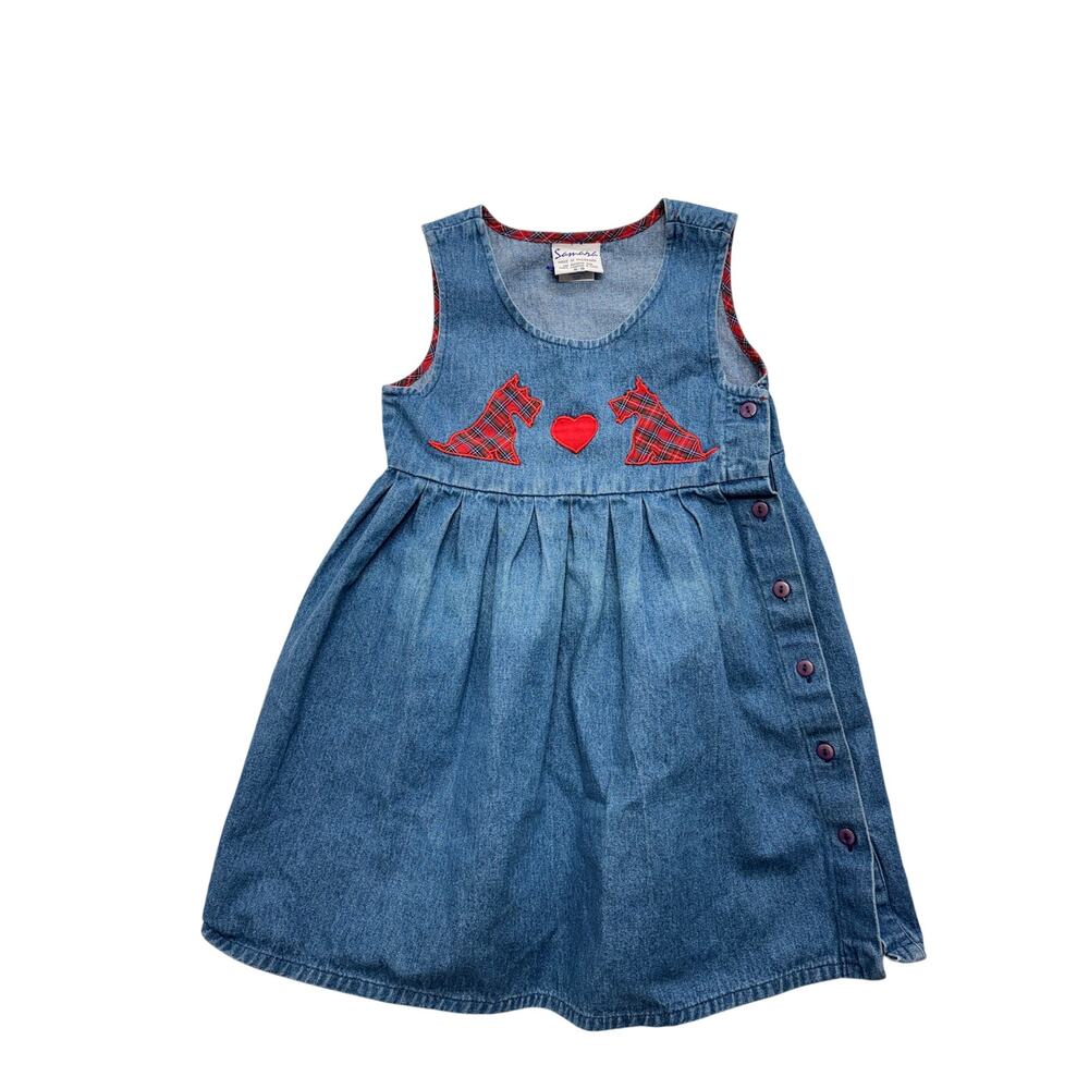 Vintage Samara Dress Small 6 Girls Blue Denim Dog Heart Embroidered A-Line